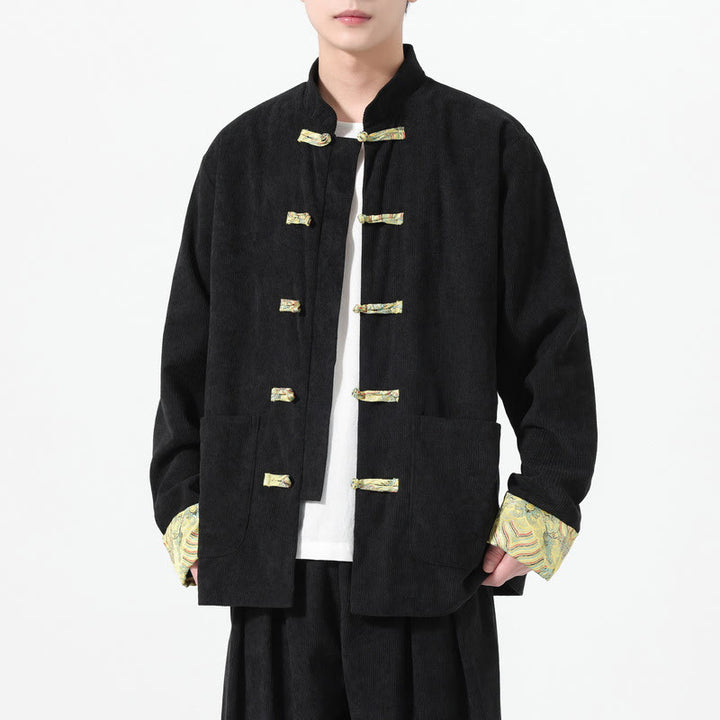 Giacca da uomo in velluto a coste di cotone con tasche e maniche lunghe, motivo floreale Buddha Stones - Nero - US/UK/AU46, EU56 (5XL) - image 6