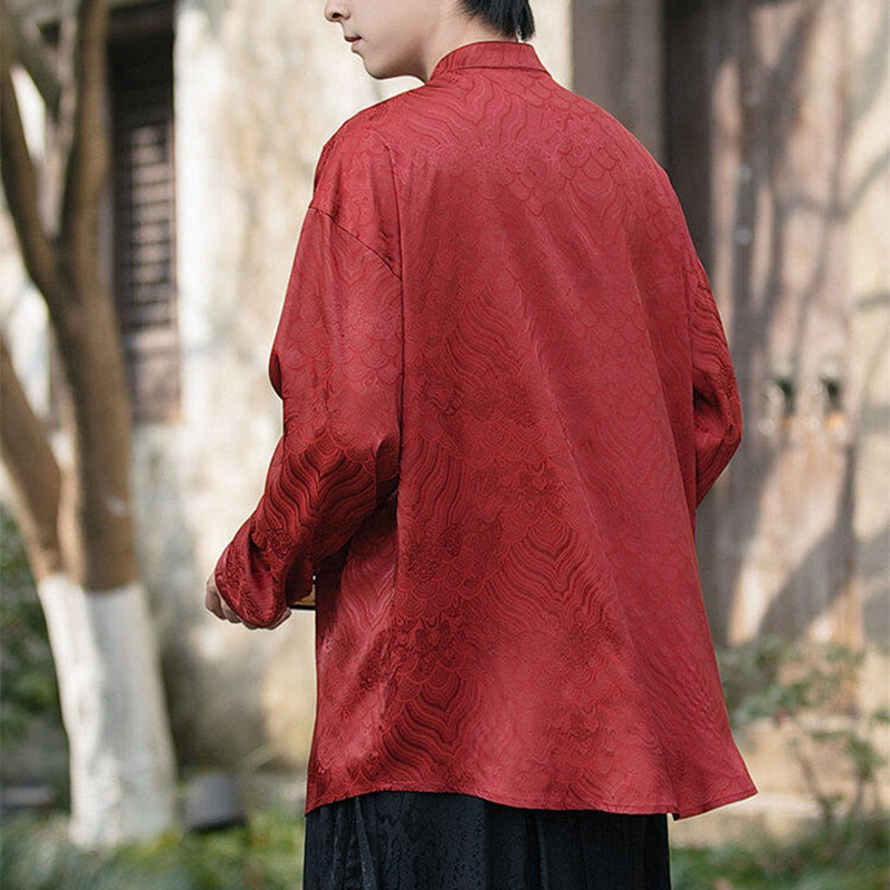 Camicia da uomo a maniche lunghe con colletto rialzato, motivo a forma di rana cinese con bottoni in bambù Buddha Stones - image 21