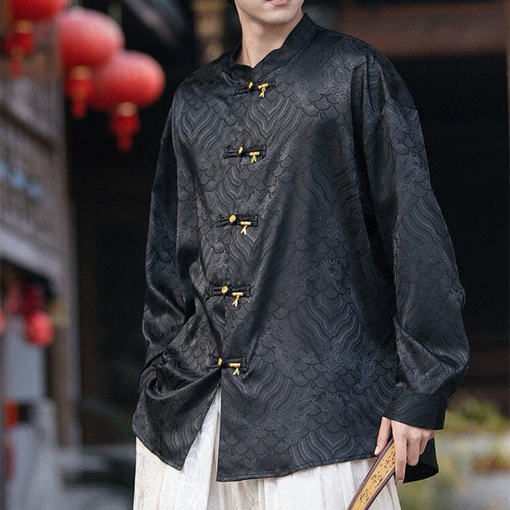 Camicia da uomo a maniche lunghe con colletto rialzato, motivo a forma di rana cinese con bottoni in bambù Buddha Stones - image 16