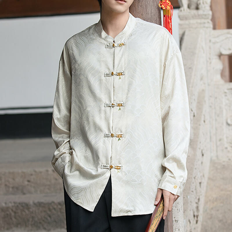 Camicia da uomo a maniche lunghe con colletto rialzato, motivo a forma di rana cinese con bottoni in bambù Buddha Stones - image 8
