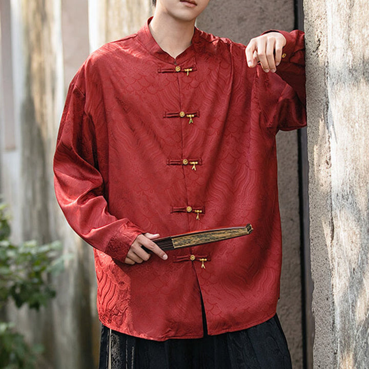 Camicia da uomo a maniche lunghe con colletto rialzato, motivo a forma di rana cinese con bottoni in bambù Buddha Stones - image 23