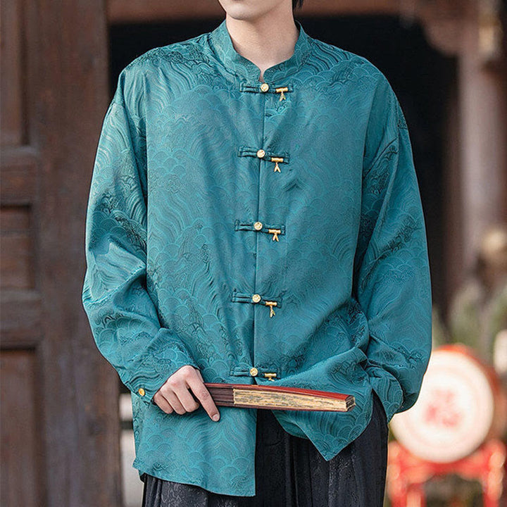 Camicia da uomo a maniche lunghe con colletto rialzato, motivo a forma di rana cinese con bottoni in bambù Buddha Stones - image 28