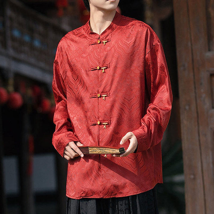 Camicia da uomo a maniche lunghe con colletto rialzato, motivo a forma di rana cinese con bottoni in bambù Buddha Stones - image 24