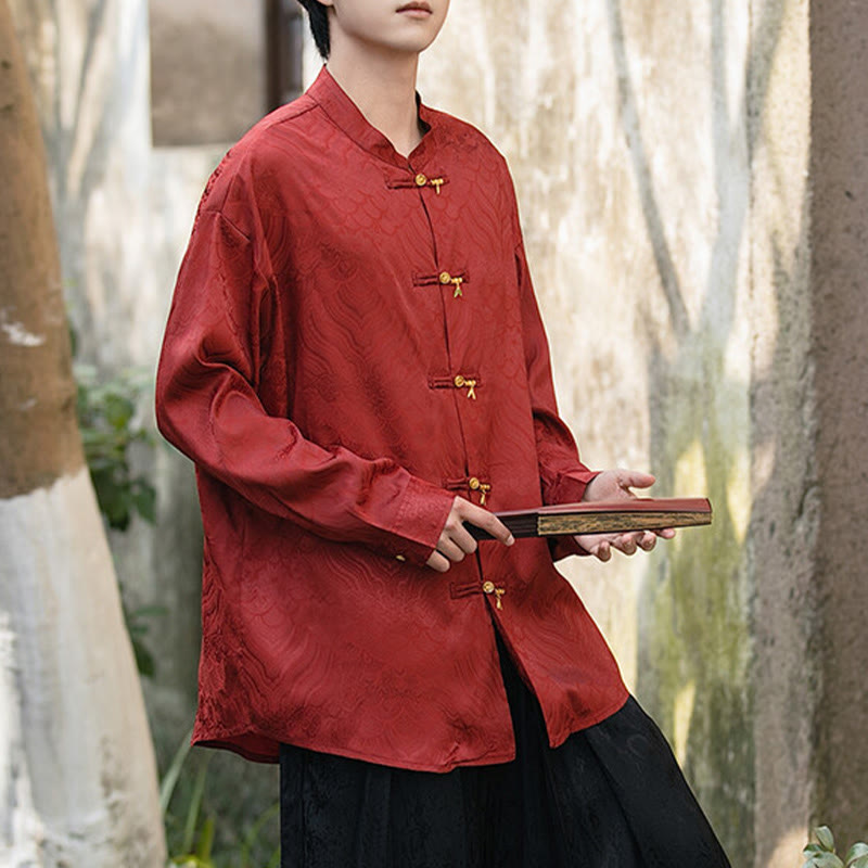 Camicia da uomo a maniche lunghe con colletto rialzato, motivo a forma di rana cinese con bottoni in bambù Buddha Stones - image 22