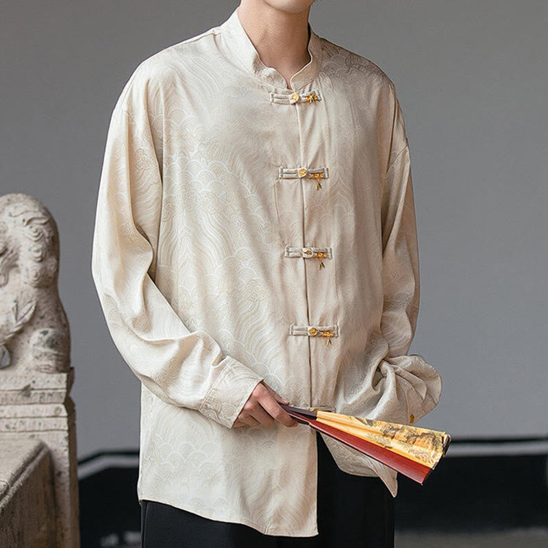 Camicia da uomo a maniche lunghe con colletto rialzato, motivo a forma di rana cinese con bottoni in bambù Buddha Stones - image 7