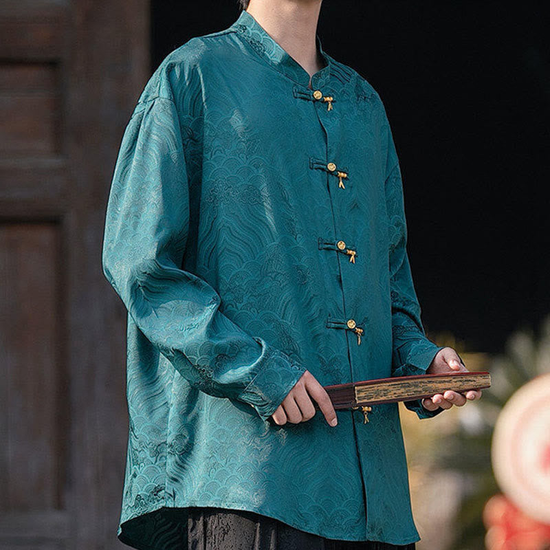 Camicia da uomo a maniche lunghe con colletto rialzato, motivo a forma di rana cinese con bottoni in bambù Buddha Stones - image 30