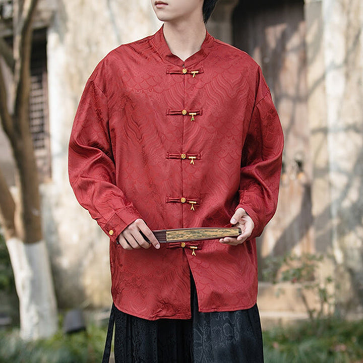 Camicia da uomo a maniche lunghe con colletto rialzato, motivo a forma di rana cinese con bottoni in bambù Buddha Stones - Mattoni refrattari - US/UK/AU46, EU56 (5XL) - image 18