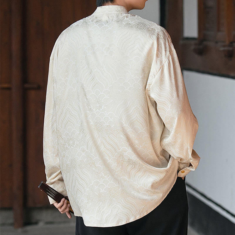 Camicia da uomo a maniche lunghe con colletto rialzato, motivo a forma di rana cinese con bottoni in bambù Buddha Stones - image 4