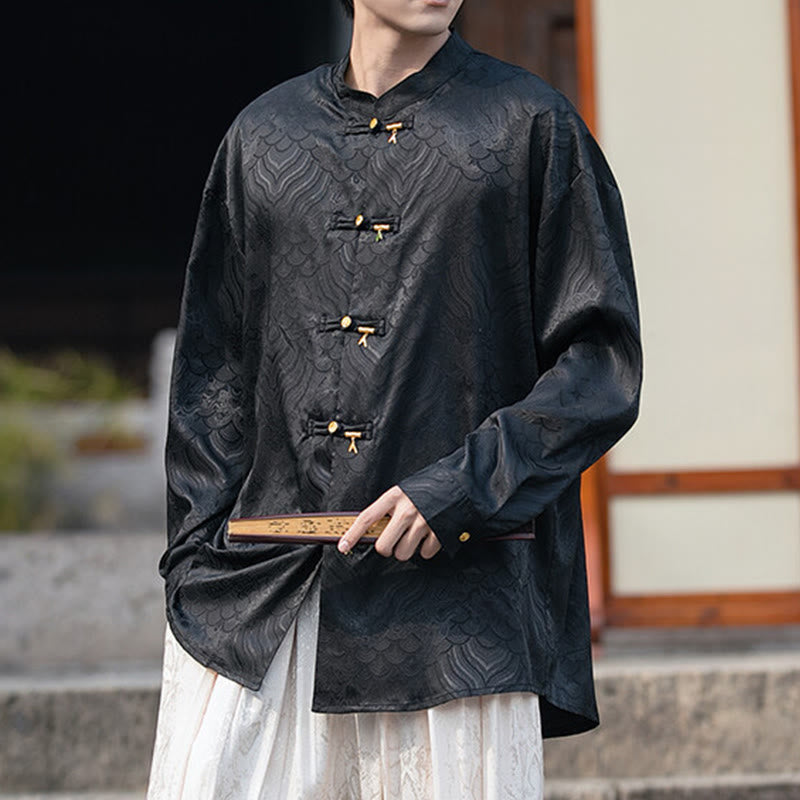 Camicia da uomo a maniche lunghe con colletto rialzato, motivo a forma di rana cinese con bottoni in bambù Buddha Stones - Nero - US/UK/AU46, EU56 (5XL) - image 10