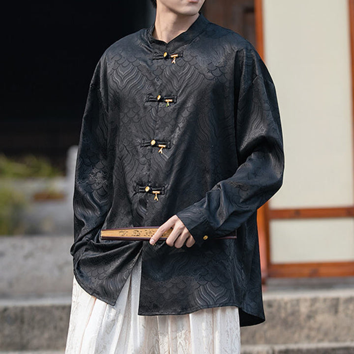 Camicia da uomo a maniche lunghe con colletto rialzato, motivo a forma di rana cinese con bottoni in bambù Buddha Stones - Nero - US/UK/AU46, EU56 (5XL) - image 10