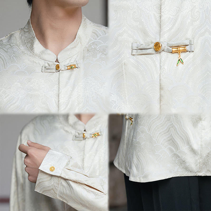 Camicia da uomo a maniche lunghe con colletto rialzato, motivo a forma di rana cinese con bottoni in bambù Buddha Stones - image 9