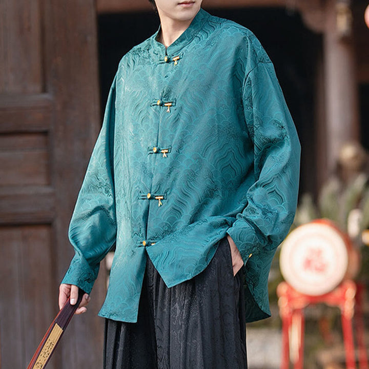 Camicia da uomo a maniche lunghe con colletto rialzato, motivo a forma di rana cinese con bottoni in bambù Buddha Stones - VerdeMare Chiaro - US/UK/AU46, EU56 (5XL) - image 26