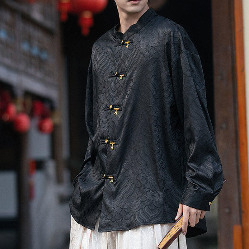 Camicia da uomo a maniche lunghe con colletto rialzato, motivo a forma di rana cinese con bottoni in bambù Buddha Stones - image 14