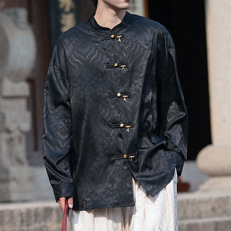 Camicia da uomo a maniche lunghe con colletto rialzato, motivo a forma di rana cinese con bottoni in bambù Buddha Stones - image 17