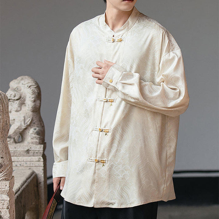 Camicia da uomo a maniche lunghe con colletto rialzato, motivo a forma di rana cinese con bottoni in bambù Buddha Stones - image 6