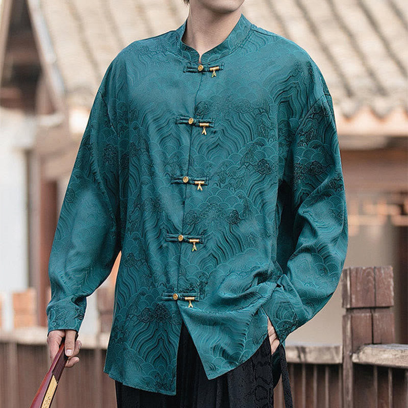 Camicia da uomo a maniche lunghe con colletto rialzato, motivo a forma di rana cinese con bottoni in bambù Buddha Stones - image 32