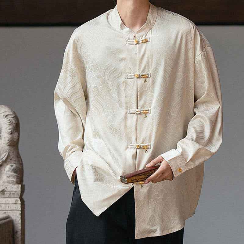 Camicia da uomo a maniche lunghe con colletto rialzato, motivo a forma di rana cinese con bottoni in bambù Buddha Stones - image 3