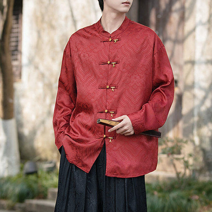 Camicia da uomo a maniche lunghe con colletto rialzato, motivo a forma di rana cinese con bottoni in bambù Buddha Stones - image 19