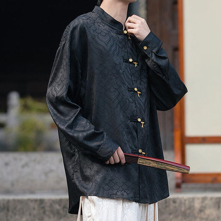 Camicia da uomo a maniche lunghe con colletto rialzato, motivo a forma di rana cinese con bottoni in bambù Buddha Stones - image 11