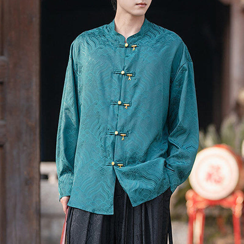 Camicia da uomo a maniche lunghe con colletto rialzato, motivo a forma di rana cinese con bottoni in bambù Buddha Stones - image 27