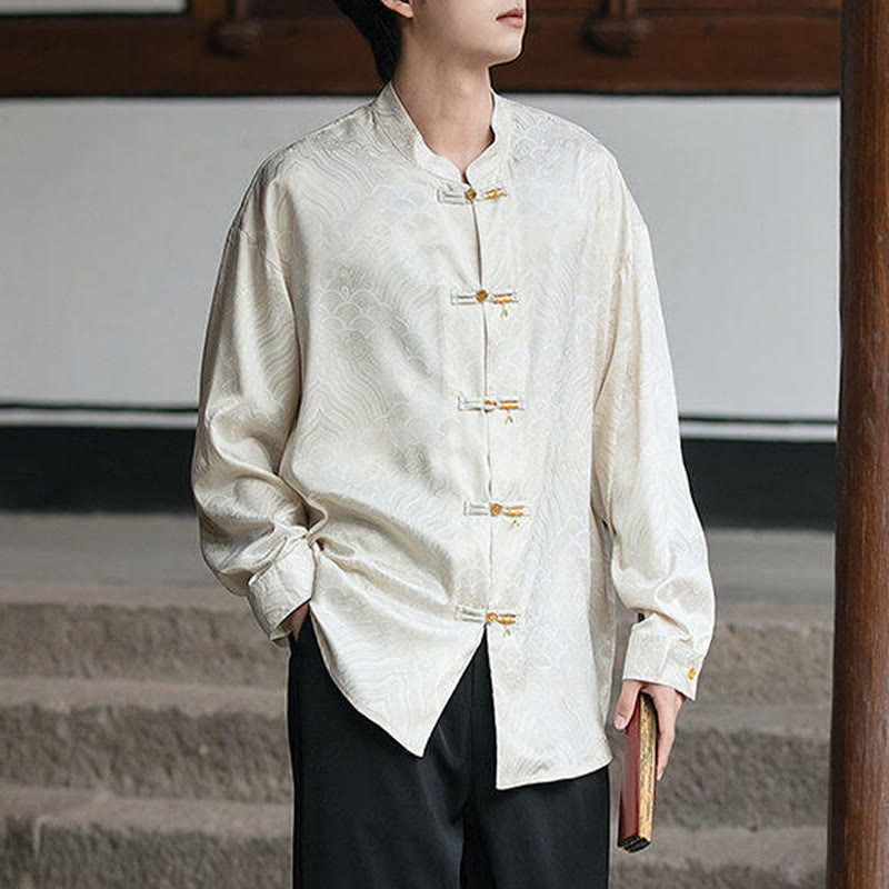 Camicia da uomo a maniche lunghe con colletto rialzato, motivo a forma di rana cinese con bottoni in bambù Buddha Stones - image 2