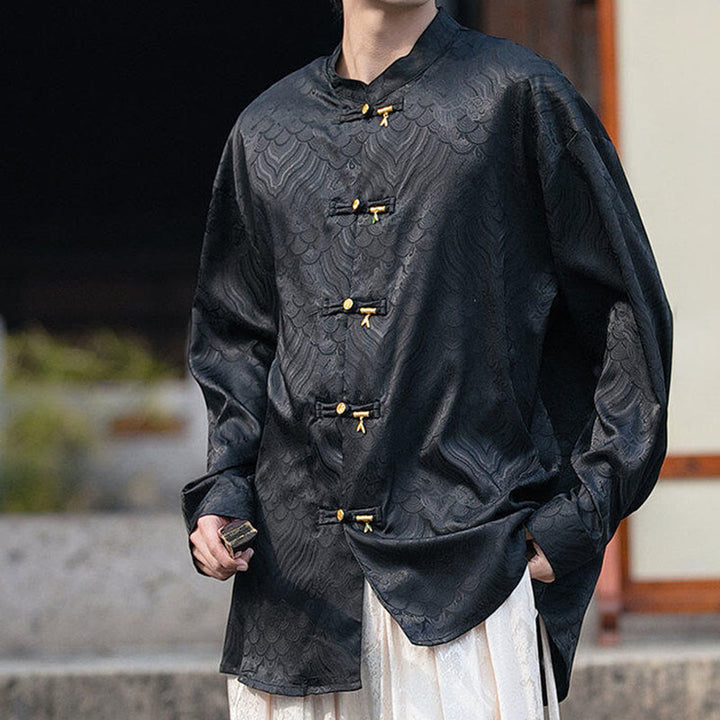 Camicia da uomo a maniche lunghe con colletto rialzato, motivo a forma di rana cinese con bottoni in bambù Buddha Stones - image 15