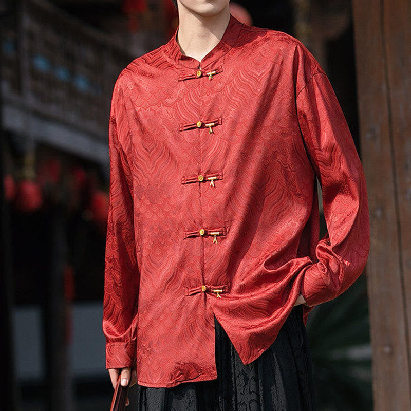 Camicia da uomo a maniche lunghe con colletto rialzato, motivo a forma di rana cinese con bottoni in bambù Buddha Stones - image 25