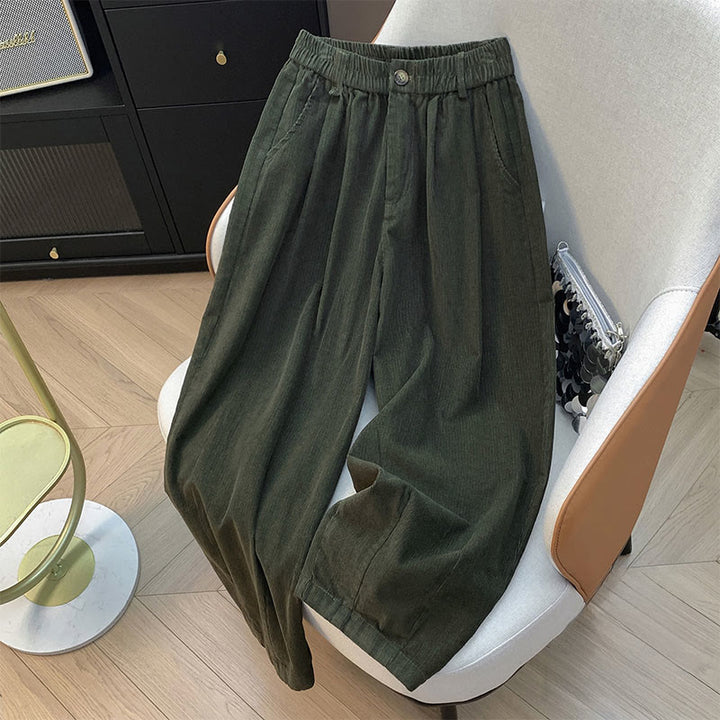 Pantaloni larghi in velluto a coste di cotone con tasche e elastico in vita, da donna, con motivo Buddha Stones - Verde oliva scuro - US8-10, UK/AU12-14, EU40-42 (2XL) - image 0