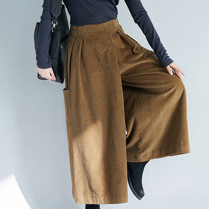 Pantaloni da donna in velluto a coste con tasche, gamba larga, cerniera laterale semplice, lunghezza 7-8 , Buddha Stones - image 4