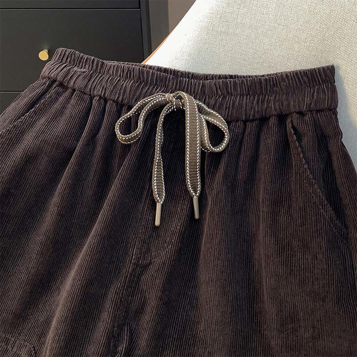 Pantaloni harem in velluto a coste di cotone con coulisse e tasche, da donna, Buddha Stones, autunnali, in tinta unita - image 1