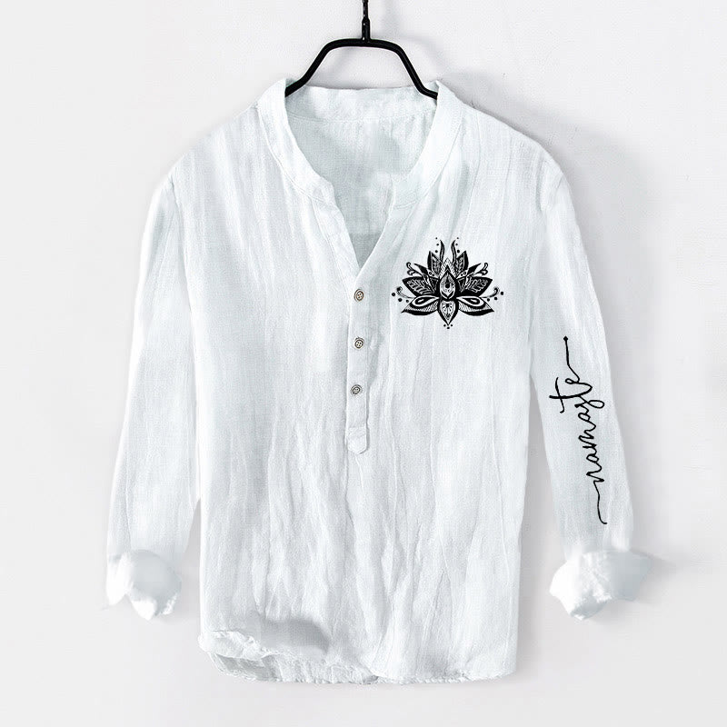 Camicia da uomo in cotone e lino a maniche lunghe con motivo Buddha Stones Lotus e bottoni a metà - Bianco - US/UK/AU50, EU60 (5XL) - image 6