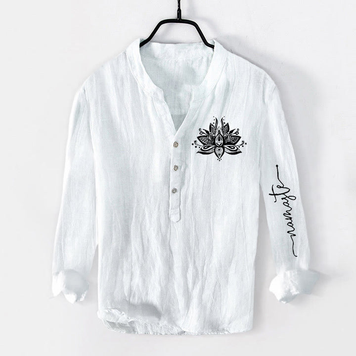 Camicia da uomo in cotone e lino a maniche lunghe con motivo Buddha Stones Lotus e bottoni a metà - Bianco - US/UK/AU50, EU60 (5XL) - image 6