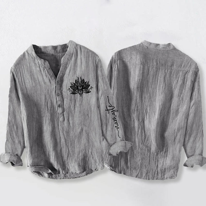 Camicia da uomo in cotone e lino a maniche lunghe con motivo Buddha Stones Lotus e bottoni a metà - image 5