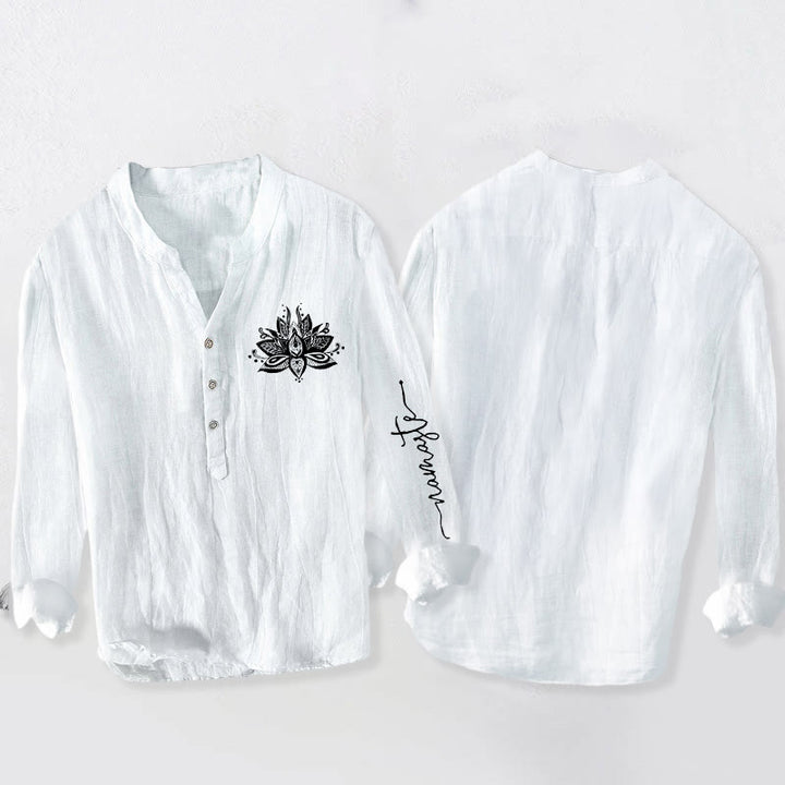 Camicia da uomo in cotone e lino a maniche lunghe con motivo Buddha Stones Lotus e bottoni a metà - image 8