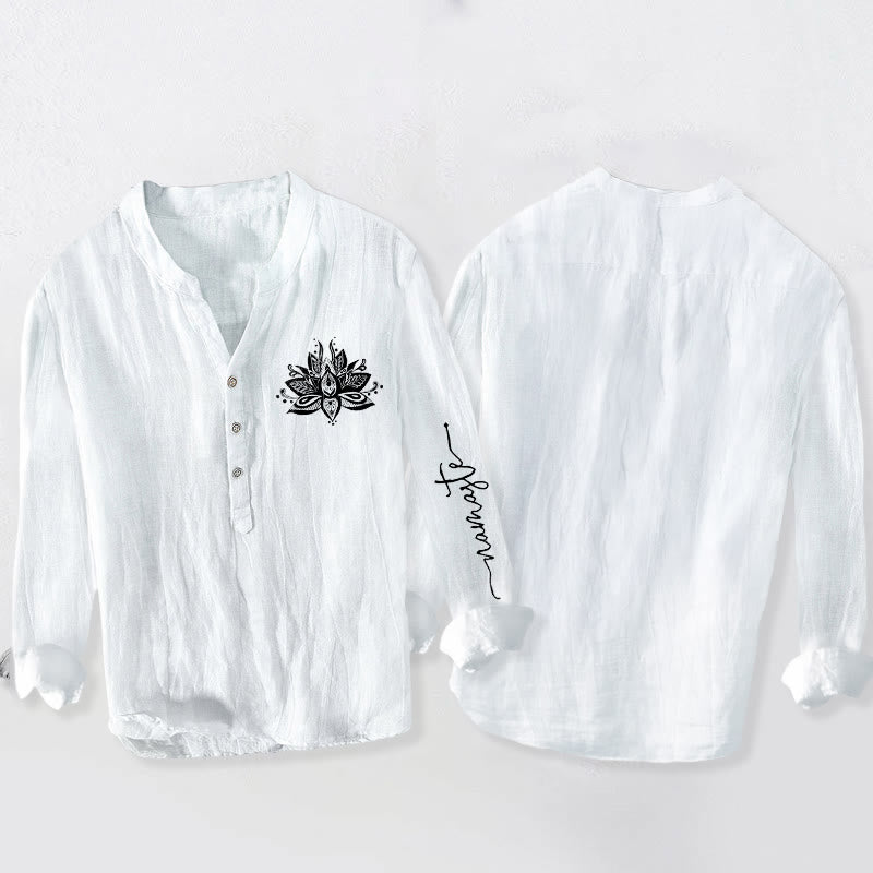 Camicia da uomo in cotone e lino a maniche lunghe con motivo Buddha Stones Lotus e bottoni a metà - image 8