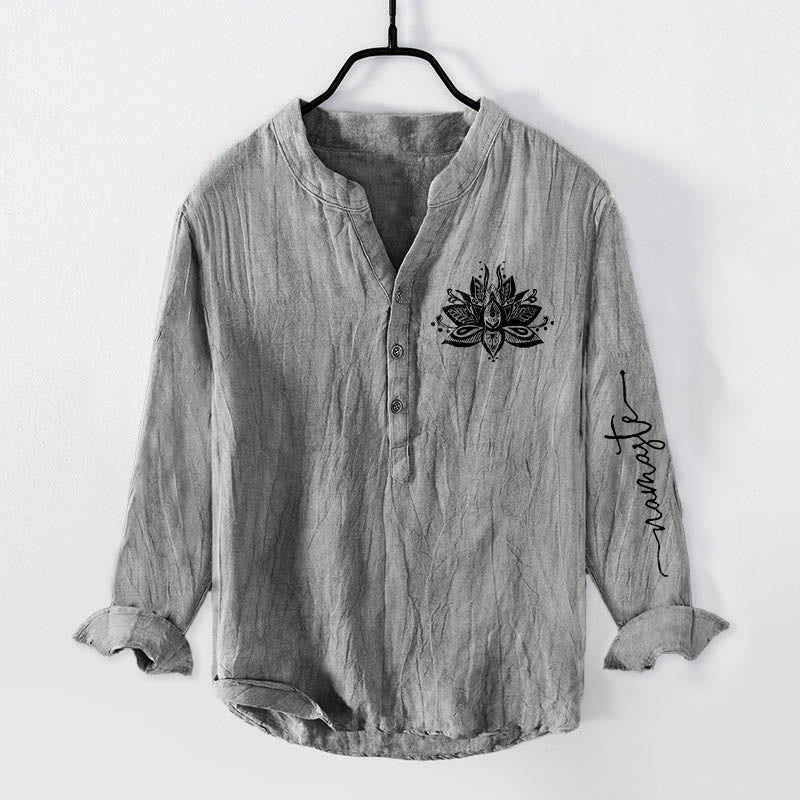 Camicia da uomo in cotone e lino a maniche lunghe con motivo Buddha Stones Lotus e bottoni a metà - Grigio - US/UK/AU50, EU60 (5XL) - image 3