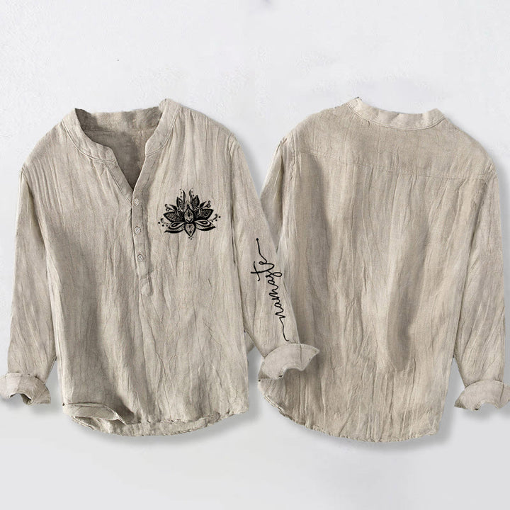 Camicia da uomo in cotone e lino a maniche lunghe con motivo Buddha Stones Lotus e bottoni a metà - image 2