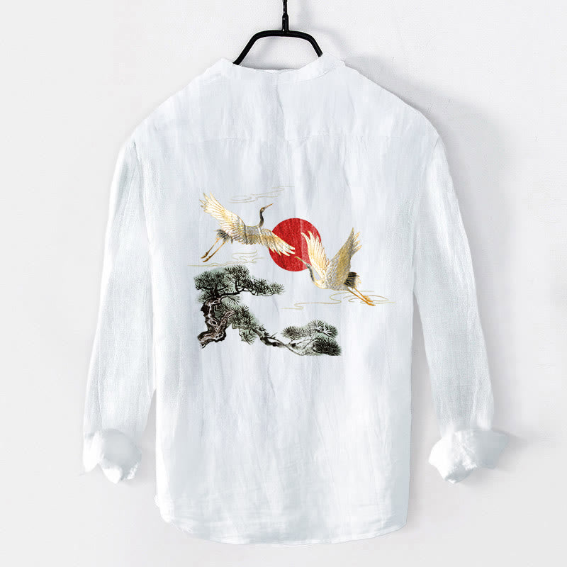 Camicia da uomo in cotone e lino a maniche lunghe con motivo a Buddha Stones , sole rosso, pino e bottoni a metà - image 8