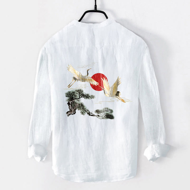 Camicia da uomo in cotone e lino a maniche lunghe con motivo a Buddha Stones , sole rosso, pino e bottoni a metà - image 8