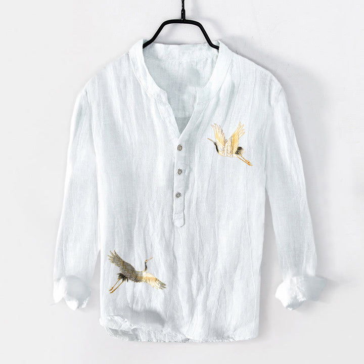 Camicia da uomo in cotone e lino a maniche lunghe con motivo a Buddha Stones , sole rosso, pino e bottoni a metà - image 7