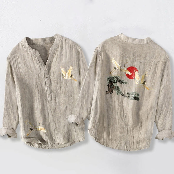 Camicia da uomo in cotone e lino a maniche lunghe con motivo a Buddha Stones , sole rosso, pino e bottoni a metà - Biancheria - US/UK/AU50, EU60 (5XL) - image 3