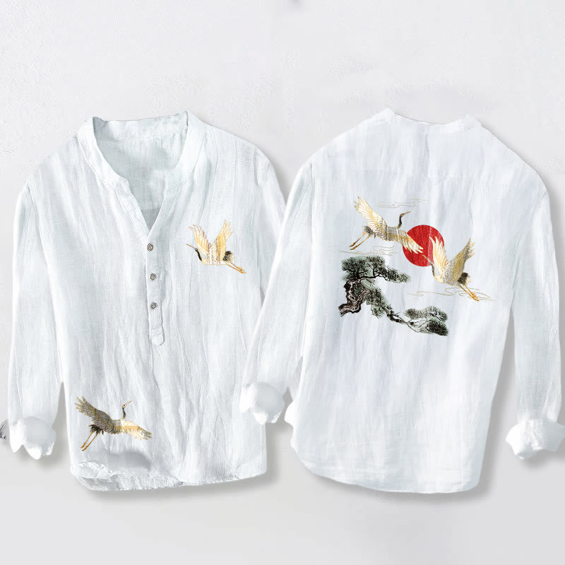 Camicia da uomo in cotone e lino a maniche lunghe con motivo a Buddha Stones , sole rosso, pino e bottoni a metà - Bianco - US/UK/AU50, EU60 (5XL) - image 6