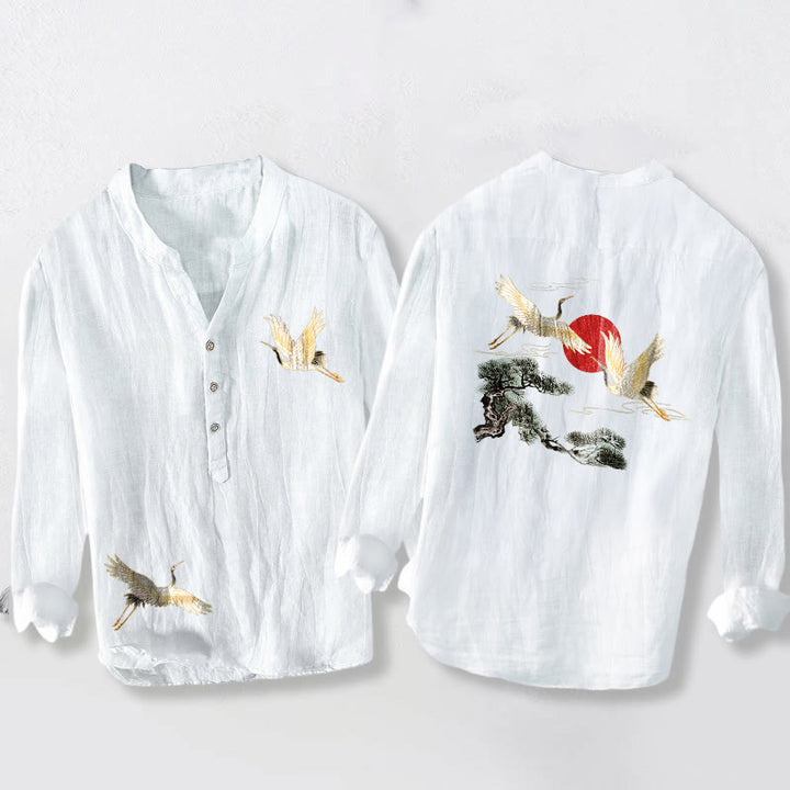 Camicia da uomo in cotone e lino a maniche lunghe con motivo a Buddha Stones , sole rosso, pino e bottoni a metà - Bianco - US/UK/AU50, EU60 (5XL) - image 6