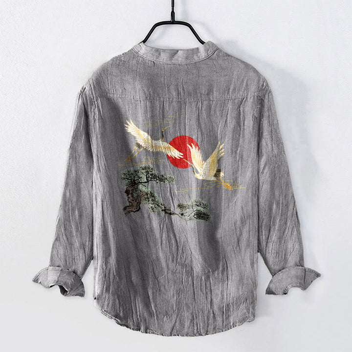 Camicia da uomo in cotone e lino a maniche lunghe con motivo a Buddha Stones , sole rosso, pino e bottoni a metà - image 2