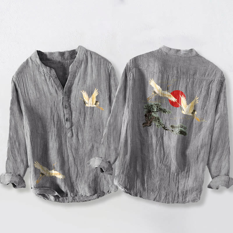 Camicia da uomo in cotone e lino a maniche lunghe con motivo a Buddha Stones , sole rosso, pino e bottoni a metà - Grigio - US/UK/AU50, EU60 (5XL) - image 0