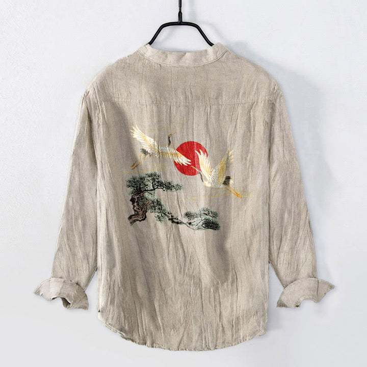 Camicia da uomo in cotone e lino a maniche lunghe con motivo a Buddha Stones , sole rosso, pino e bottoni a metà - image 5