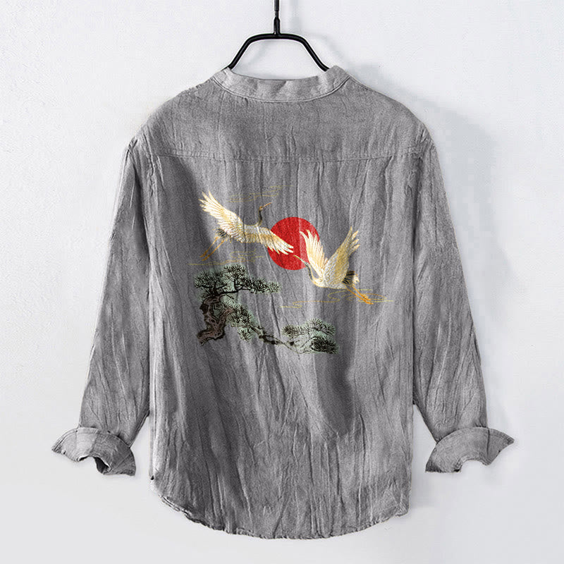 Camicia da uomo in cotone e lino a maniche lunghe con motivo a Buddha Stones , sole rosso, pino e bottoni a metà - image 2