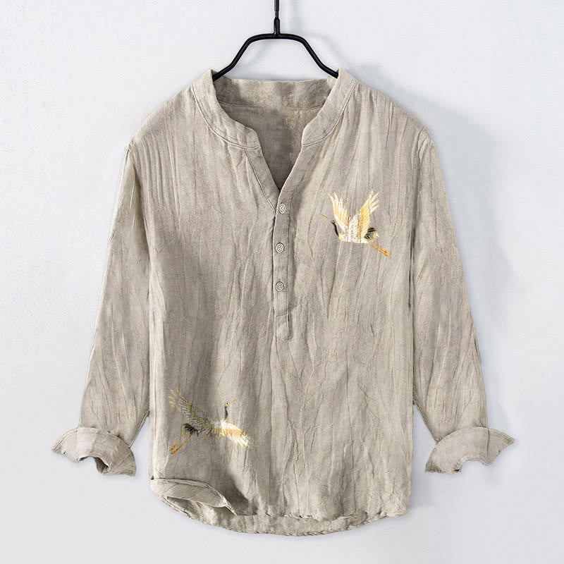 Camicia da uomo in cotone e lino a maniche lunghe con motivo a Buddha Stones , sole rosso, pino e bottoni a metà - image 4