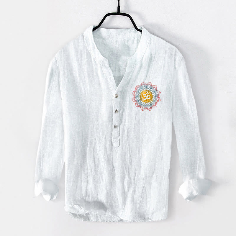 Camicia da uomo in cotone e lino a maniche lunghe con motivo a mandala, simbolo Om Buddha Stones - image 1
