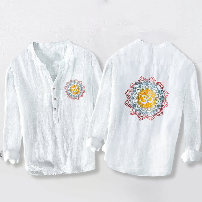 Camicia da uomo in cotone e lino a maniche lunghe con motivo a mandala, simbolo Om Buddha Stones - Bianco - US/UK/AU50, EU60 (5XL) - image 0